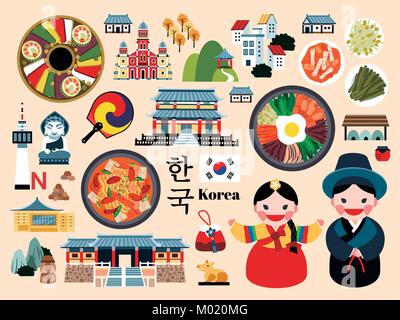 Korea travel symbol set, lovely Korea famous landmark and culture ...