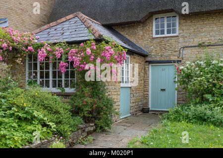 Pretty stone built thatched cottage, path leading to the front door, rambling rose above the window; Yardley Gobion, Northamptonshire, UK Stock Photo