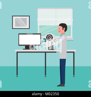 man repairing robot engineer brain settings artificial intelligence Stock Vector