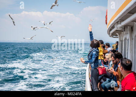 Unidentified People go by ferry through Marmara sea to Princes islands in Istanbul, Turkey.20 May 2017 Stock Photo