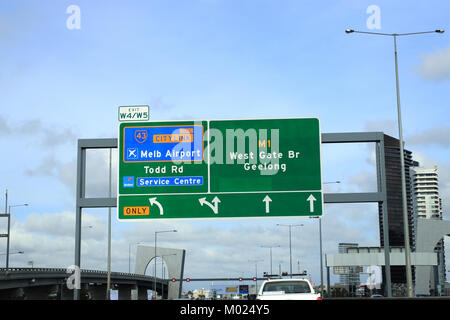 Road sign boards to Melbourne airport, Geelong, West Gate Bridge and Todd Road in Melbourne Freeway Victoria Australia Stock Photo