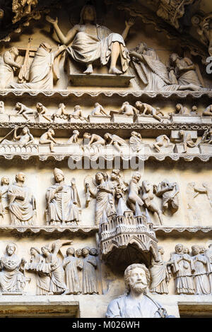 Travel to France - decor of outdoor portal of Reims Cathedral (Notre-Dame de Reims) in summer evening Stock Photo