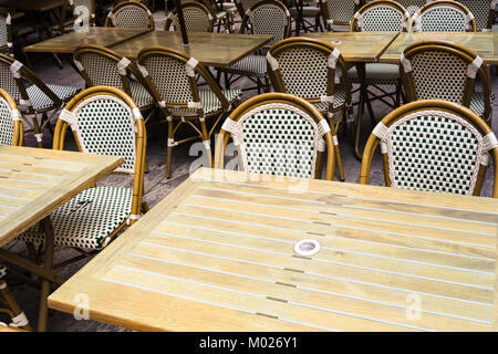 travel to France - empty tables in outdoor cafe in Troyes city Stock Photo