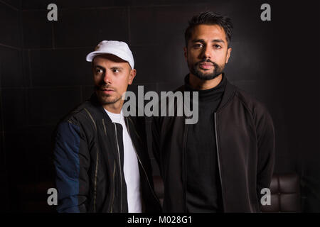 The Norwegian rap group Karpe Diem originates from Oslo and consists of the two rappers Magdi Omar Ytreeide Abdelmaguid (L) and Chirag Rashmikant Patel (R). Norway, 29/08 2016. Stock Photo