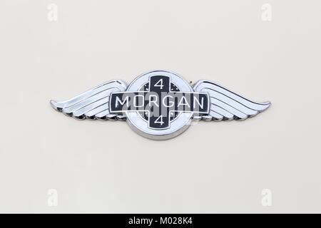 Dax, France - June 4, 2017: Morgan 4 logo on a car. The Morgan Plus 4 is an automobile produced by the Morgan motor company from 1950 to 1969 Stock Photo