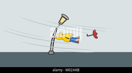 Man hanging on a street lamp, strormy weather concept illustration Stock Vector