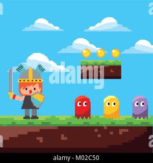 pixel game scene knight ghosts coins landscape Stock Vector