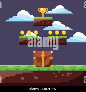 pixel game night scene chest treasure and gold trophy coins Stock Vector