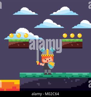 pixel game warrior with gold coins and landscape Stock Vector