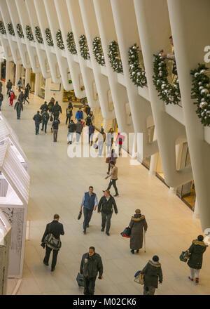 Interior of the Oculus Mall at the World Trade Center during the Christmas Holiday season in Manhattan Stock Photo