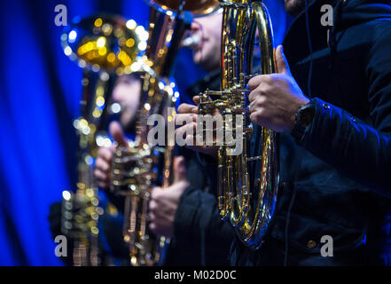 Players in concert tuba, Tuba brass instrument. Wind musical instruments Stock Photo