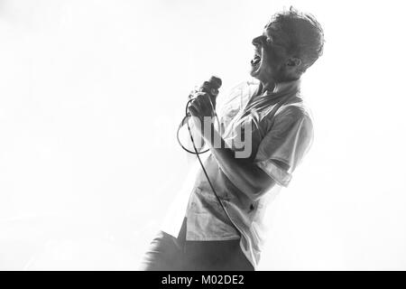 The Norwegian indie rock band Rumble in Rhodos performs a live concert at Parkteatret in Oslo. Here lead singer and songwriter Thomas Bratlie Haugland is pictured live on stage. Norway, 26/10 2013. Stock Photo