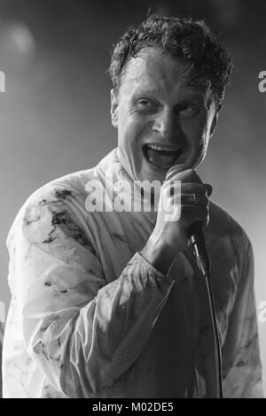 The Norwegian indie rock band Rumble in Rhodos performs a live concert at Parkteatret in Oslo. Here lead singer and songwriter Thomas Bratlie Haugland is pictured live on stage. Norway, 26/10 2013. Stock Photo