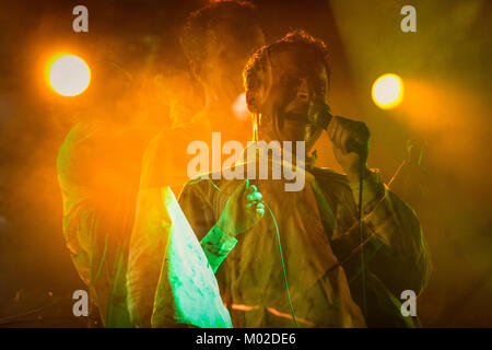 The Norwegian indie rock band Rumble in Rhodos performs a live concert at Parkteatret in Oslo. Here lead singer and songwriter Thomas Bratlie Haugland is pictured live on stage. Norway, 26/10 2013. Stock Photo