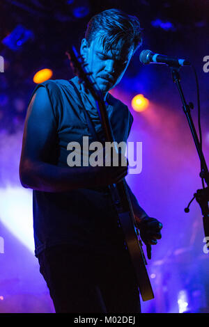 The Norwegian indie rock band Rumble in Rhodos performs a live concert at Parkteatret in Oslo. Here musician and guitarist Henrik Lie is pictured live on stage. Norway, 26/10 2013. Stock Photo