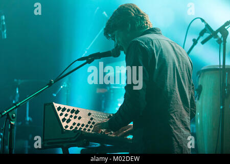 The Norwegian indie rock band Rumble in Rhodos performs a live concert at Parkteatret in Oslo. Here musician Jon Eriksen is pictured live on stage. Norway, 26/10 2013. Stock Photo