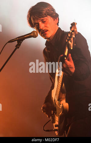 The Norwegian indie rock band Rumble in Rhodos performs a live concert at Parkteatret in Oslo. Here musician and bassist Øyvind Røsrud Gundersen is pictured live on stage. Norway, 26/10 2013. Stock Photo