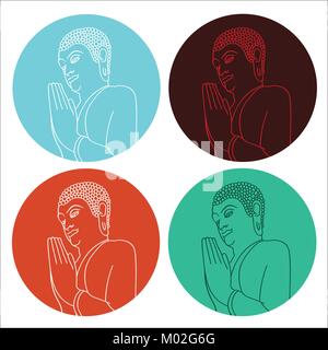 Silhouette of pray Buddha in circle in different colors. Vector illustration Stock Vector