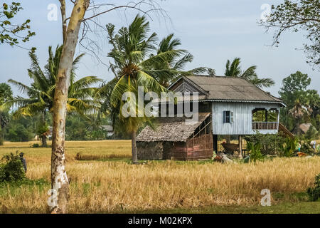 Single primitive wooden house in the tropical rural countryside in the southern part of Cambodia Stock Photo