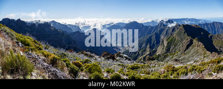 Panoramic view from the summit of Pico Ruivo looking towards Curral das Freiras (Nun's Valley), Madeira Stock Photo