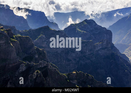 View from the summit of Pico Ruivo looking towards Curral das Freiras (Nun's Valley), Madeira Stock Photo