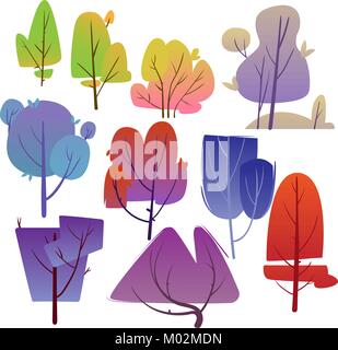 Set of cartoon tree. Design of trees of different shapes with bright foliage. Vector illustration Stock Vector