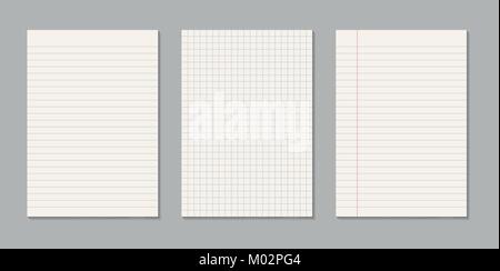 Set of realistic blank sheets of square and lined paper - vector isolated on gray background Stock Vector