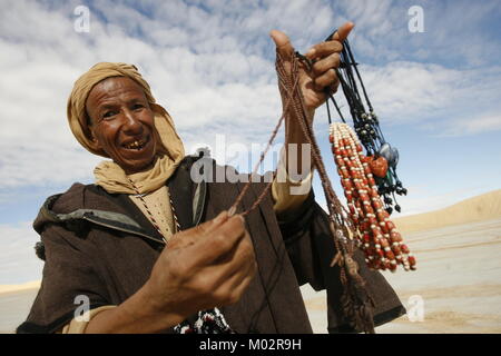 Planetary merchant of traditional items, near Tataouine, in Tunisia. Stock Photo