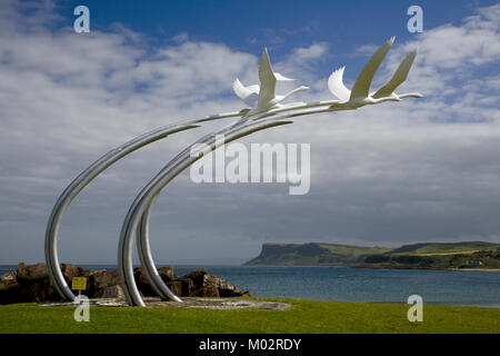 Swan sculpture on the Northern Ireland coast at Ballycastle Stock Photo