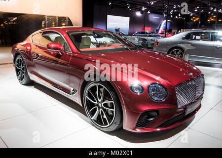BRUSSELS - JAN 10, 2018: New 2018 Bentley Continental GT car showcased at the Brussels Motor Show. Stock Photo