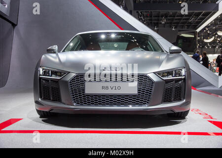 GENEVA, SWITZERLAND - MARCH 4, 2015: Official debut of the New Audi R8 V10 Plus at the 85th International Geneva Motor Show in Palexpo. Stock Photo