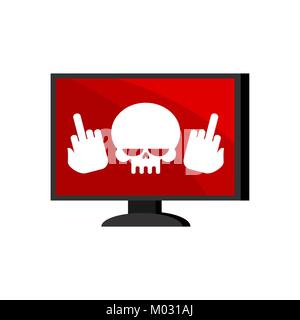 Virus in computer. Skull on monitor. Cyber ​​attack for pc. Death information. Blocked Data processor does not work. Vector illustration Stock Vector