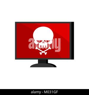 Virus in computer. Skull on monitor. Cyber ​​attack for pc. Death information. Blocked Data processor does not work. Vector illustration Stock Vector
