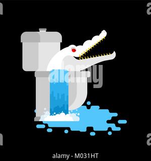 Albino alligator in toilet. Crocodile White Monster in sewer. Predator animal. City legend. Vector illustration Stock Vector