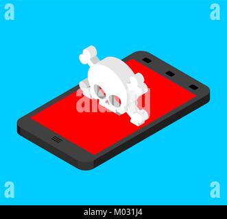 Virus in smartphone. Cyber attack on phone. Skull on screen. Blocked  Gadget does not work. Vector illustration Stock Vector