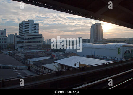 Bangkok urban skyline from Siam BTS sky train station, The station is linked via skybridges to the Siam Square and Siam Paragon Stock Photo