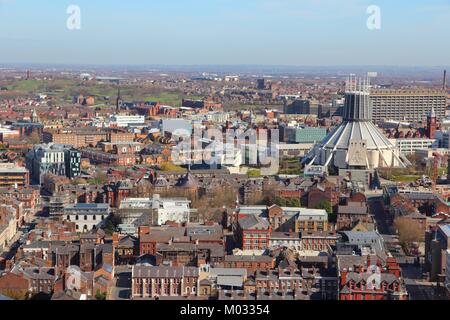 Liverpool - city in Merseyside county of North West England (UK). Aerial view with famous Roman Catholic Liverpool Metropolitan Cathedral. Stock Photo