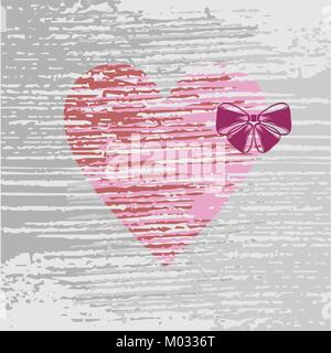 Pink heart with a lilac bow on a grey background Stock Vector