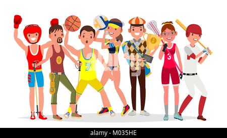 Summer Sports Vector. Set Of Players In Boxing, Hiking, Basketball, Volleyball, Golf, Lacrosse, Baseball. Isolated On White Background Flat Illustrati Stock Vector