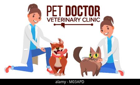 Veterinarian Woman Vector. Dog And Cat. Clinic For Animals. Pet Doctor, Nurse. Treatment For Wild, Domestic Animals. Isolated Flat Cartoon Illustratio Stock Vector