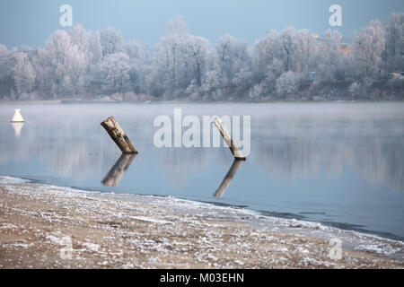 sunrise on the river winter landscape Stock Photo