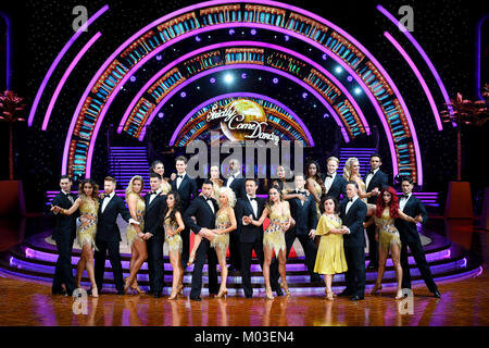 Gemma Atkinson and Aljaz Skorjanec, Debbie McGee and Giovanni Pernice, Joe McFadden and Katya Jones, Alexandra Burke and Gorka Marquez, Susan Calman and Kevin Clifton, Davood Ghadami and Nadiya Bychkova and Jonnie Peacock and Oti Mabuse react as a choreographer falls (out of picture) during the Strictly Come Dancing Live Tour Launch held at Arena Birmingham. Stock Photo