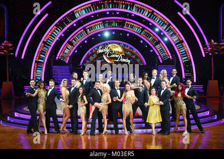 Gemma Atkinson and Aljaz Skorjanec, Debbie McGee and Giovanni Pernice, Joe McFadden and Katya Jones, Alexandra Burke and Gorka Marquez, Susan Calman and Kevin Clifton, Davood Ghadami and Nadiya Bychkova and Jonnie Peacock and Oti Mabuse react as a choreographer falls (out of picture) during the Strictly Come Dancing Live Tour Launch held at Arena Birmingham. PRESS ASSOCIATION Photo. Picture date: Thursday January 18, 2018. See PA Story SHOWBIZ Strictly. Photo credit should read: Joe Giddens/PA Wire Stock Photo