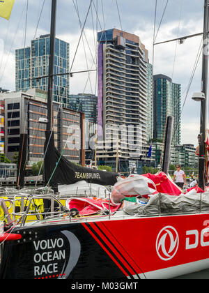 Volvo Ocean Race - Yachts of Team Brunel Dongfeng Race team moored at Victoria Harbour, Melbourne, Australia, 28 December 2017. Stock Photo