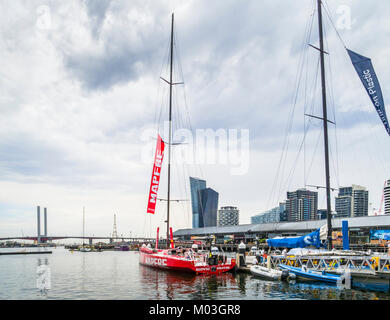 Volvo Ocean Race- Mapfre and Turn the Tide on Plastic team yachts moored at Victoria Harbour, Melbourne, Australia, 28 December 2017 Stock Photo