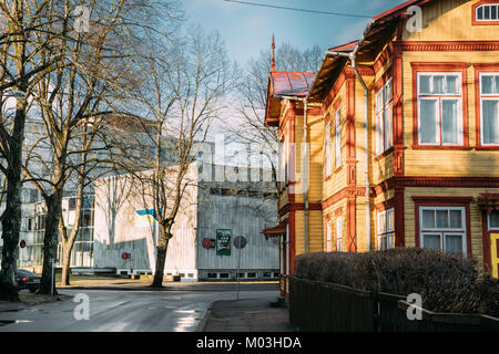 Parnu, Estonia. View Of Museum Of Modern Art And Old Wooden Two-storey House On Nikolai Street. Stock Photo