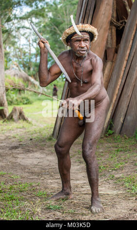 DANI VILLAGE, WAMENA, IRIAN JAYA, NEW GUINEA, INDONESIA - JUNE 4: The  armed Papuan attakking. Warrior of Dani Dugum tribe . June 4, 2016, New Guinea  Stock Photo