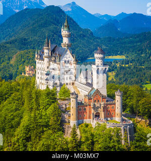 Beautiful view of world-famous Neuschwanstein Castle, the nineteenth-century Romanesque Revival palace built for King Ludwig II on a rugged cliff, wit Stock Photo