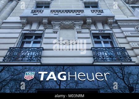 PARIS, FRANCE - DECEMBER 20, 2017: Tag Heuer logo on their main shop on Champs Elysees avenue. TAG Heuer is a Swiss luxury manufacturing company that 