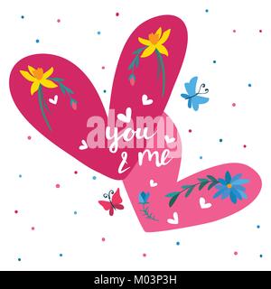 Valentine's day greeting card with hearts, flowers, butterflies and hand written lettering Stock Vector